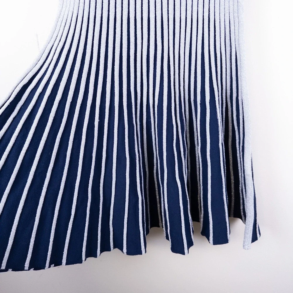REISS Ribbed‎ Knit Dress Girls 11-12Y Navy Silver Metallic Stripe Skater Dress